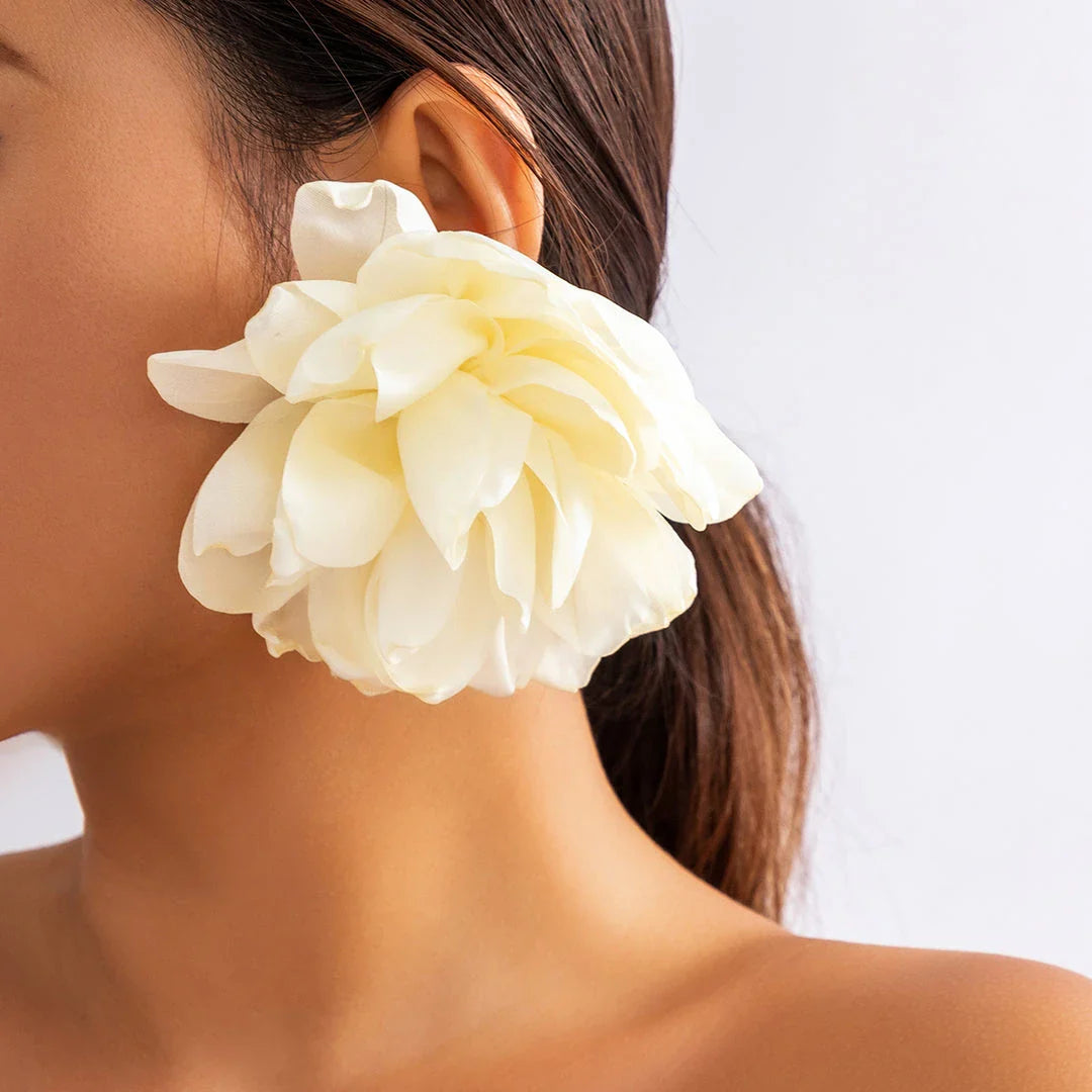 Exquisite fluffy fabric flower stud earrings in a black metal colour, featuring oversized fabric blooms for a unique and elegant design.
