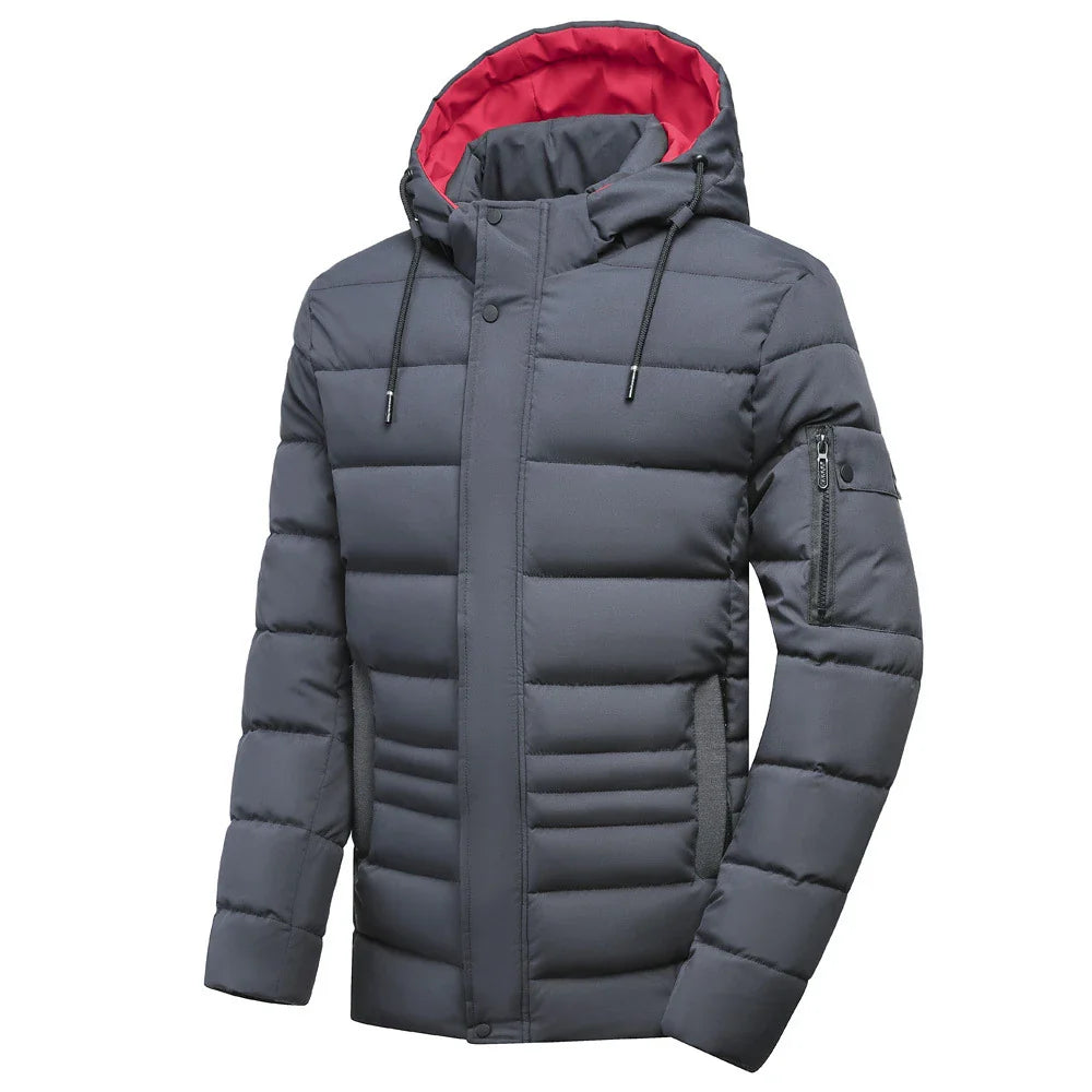 Warm and versatile fleece-lined cotton jacket for men in various classic colours, featuring a detachable hood for added protection against the elements.