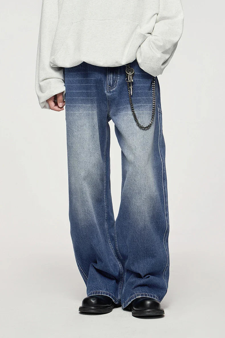 Men's Washed Blue 3D Cut Wide Leg Jeans with micro-elasticity and relaxed straight-leg fit