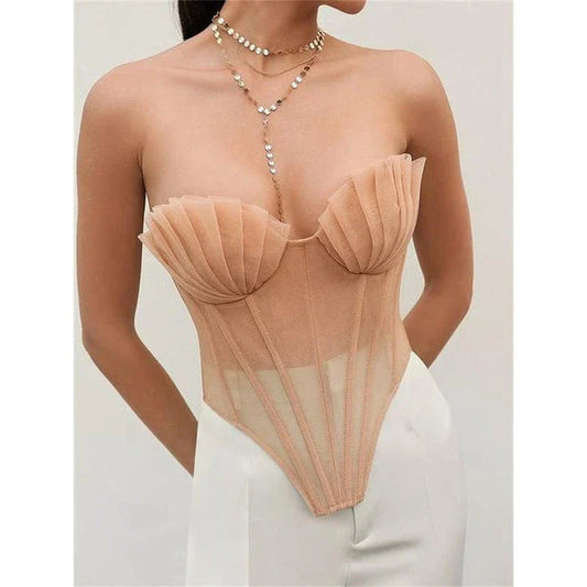 Champagne pink vintage mesh corset top with strapless, backless design and irregular pleated hem