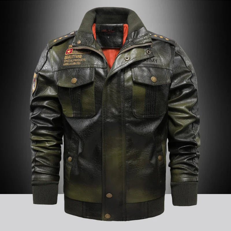 Premium leather jacket for men in slim-fit and short style with stand-up collar and multiple pockets
