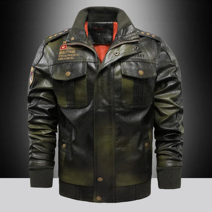 Premium leather jacket for men in slim-fit and short style with stand-up collar and multiple pockets