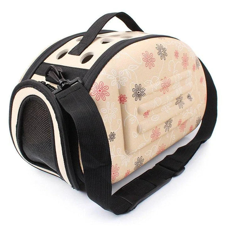 Premium breathable dog carrier in champagne colour with plush polyester lining and mesh panels for comfortable pet travel