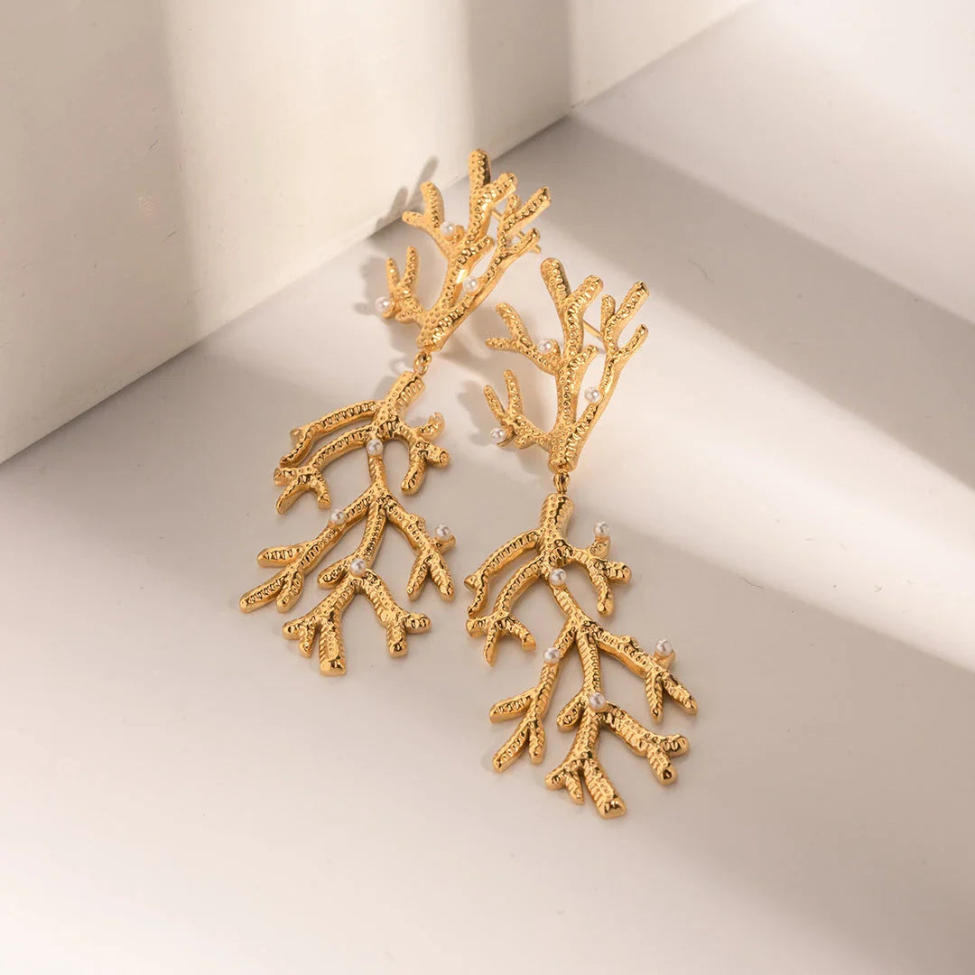Elegant 18K gold plated coral pearl pendant earrings with a secure stud closure and a tarnish-proof finish