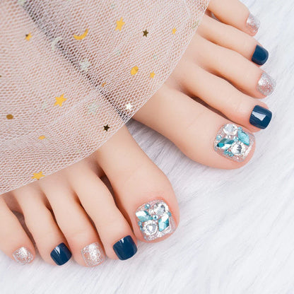 24 pieces of high-quality glitter crystal false toenails in various colours, designed to add a touch of luxury and sparkle to your feet.