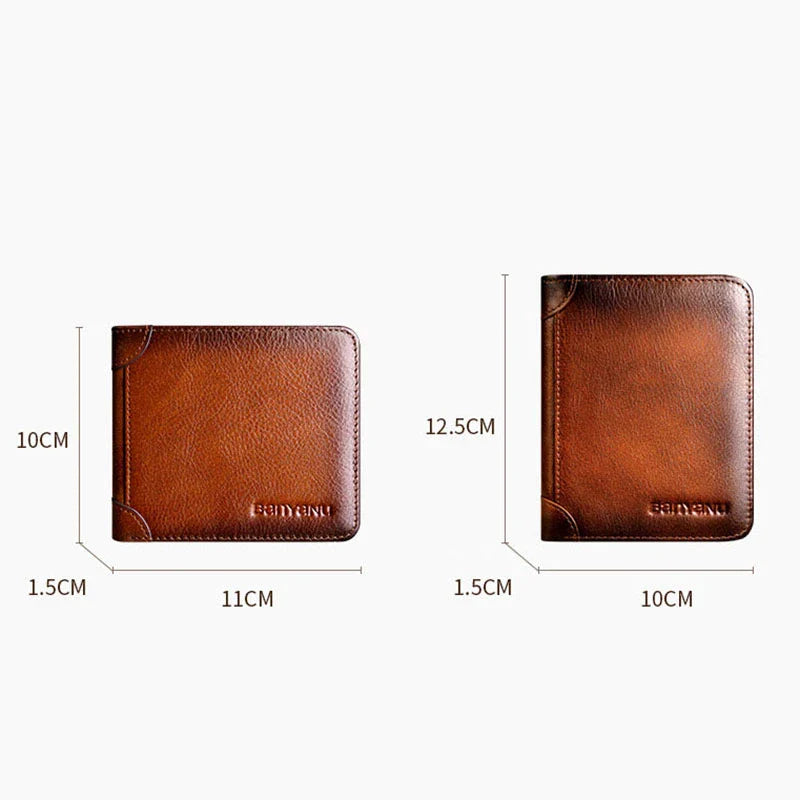 Premium men's short leather wallet with tri-fold design, made from top-grain cowhide leather for exceptional quality and style.