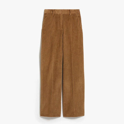 A pair of high-waist, wide-leg corduroy trousers in a classic red colour, designed for the modern British woman's wardrobe.