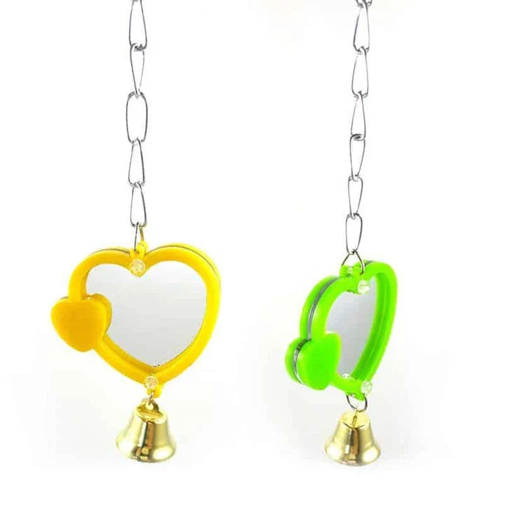 Heart-shaped mirror designed for birds, featuring a reflective surface and sturdy acrylic-metal construction for a captivating visual experience.
