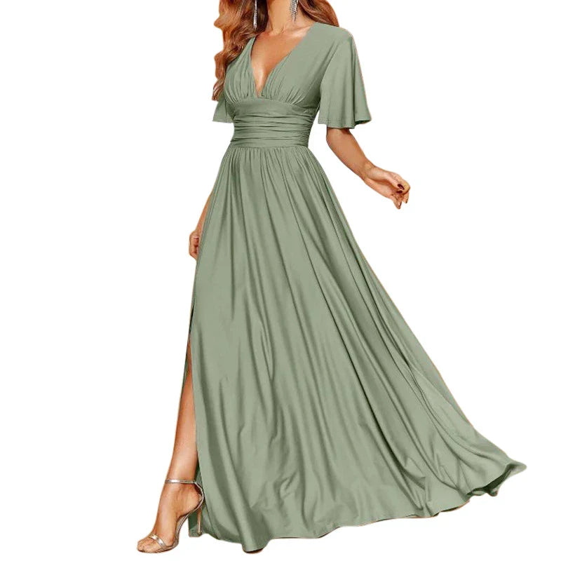 A premium long formal dress with a sophisticated V-neck design, crafted with high-quality polyester fabric in a range of elegant colours.