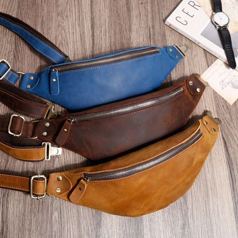 Premium one-shoulder cowhide crossbody bag for men in various colours, featuring a spacious main compartment and multiple pockets for organised storage.