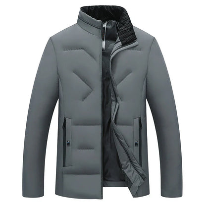 Premium cotton-padded jacket with stand collar and zip closure, available in gray, black, and navy blue