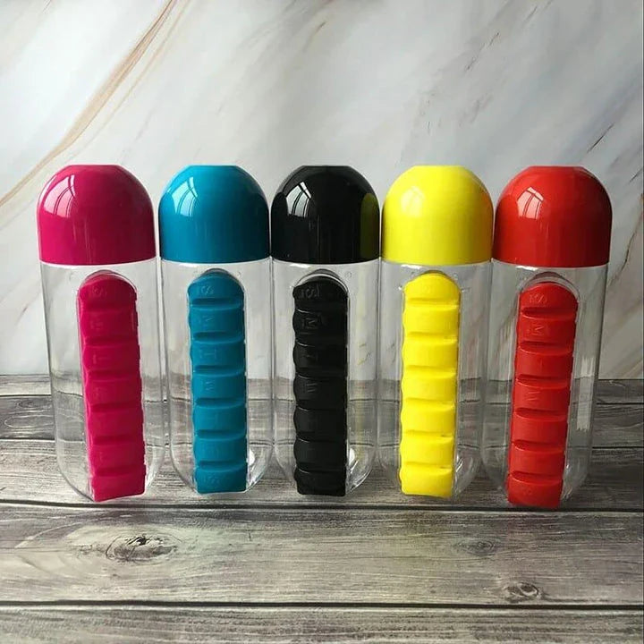 600ml Premium Plastic Water Bottle with Daily Pill Organiser - Durable, Leak-Proof Design with Integrated Supplement Storage