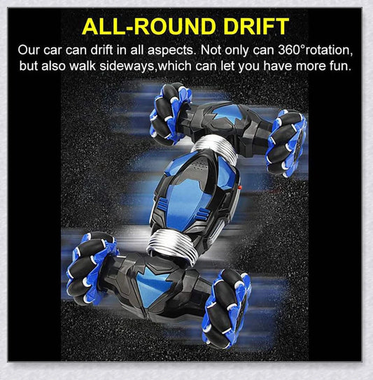 Remote control stunt car with 360-degree rotation, flips, and built-in colourful lights and music for exciting playtime