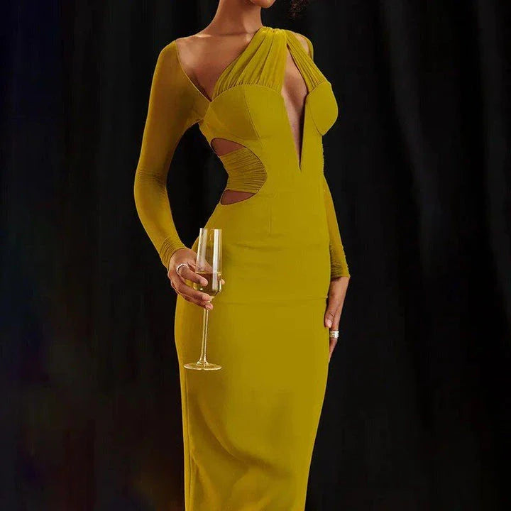 Elegant one-shoulder mesh bodycon maxi dress in green colour, perfect for formal events and night outs