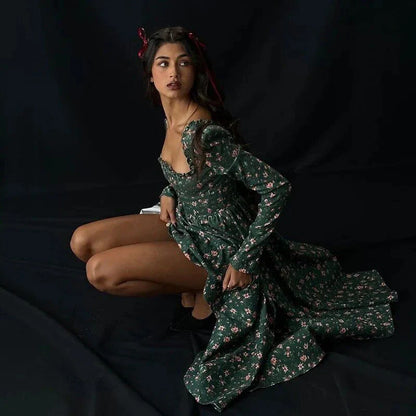 Elegant plaid a-line midi dress with square collar, backless design, and flattering empire waistline
