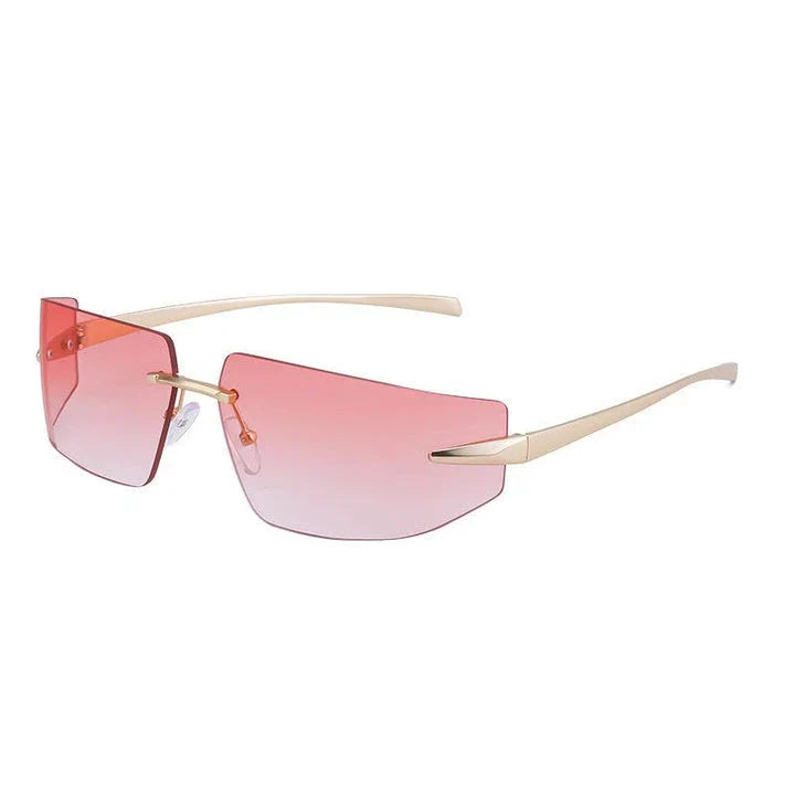 Elegant rimless rectangular sunglasses with a sleek, minimalist design and contemporary silhouette