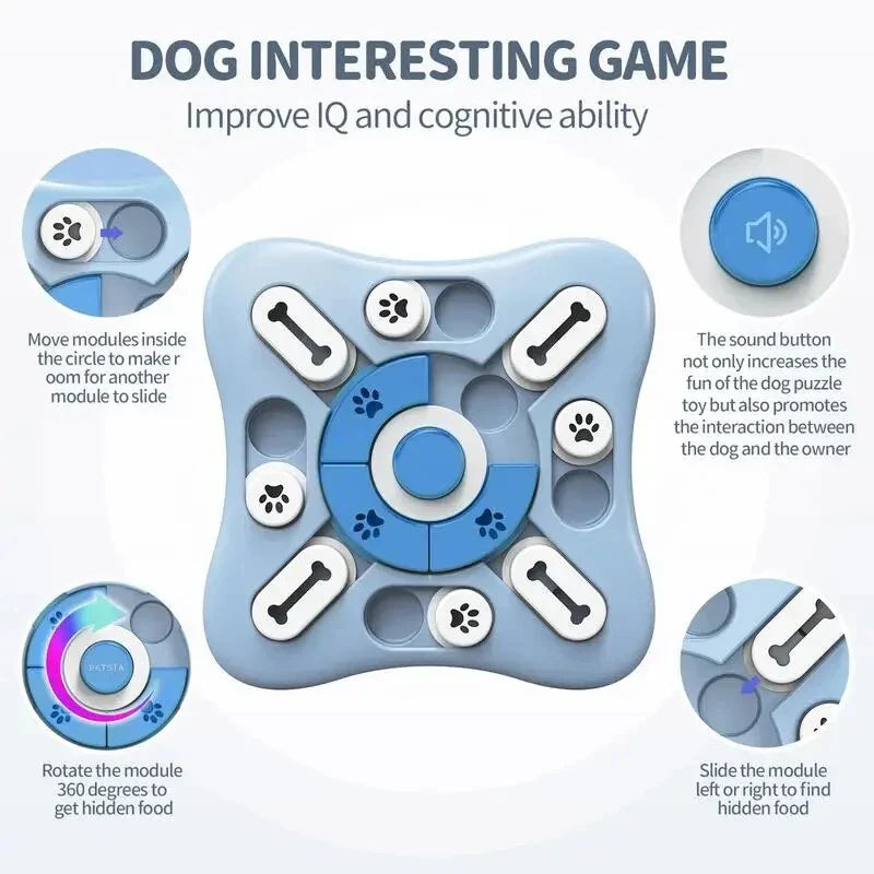 Interactive dog puzzle toy with treat dispenser and squeaky features for mental stimulation and enrichment