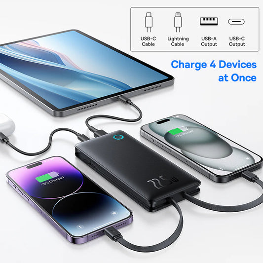 Powerful 22.5W fast charging power bank with 10,000mAh capacity and built-in USB-C and Lightning cables