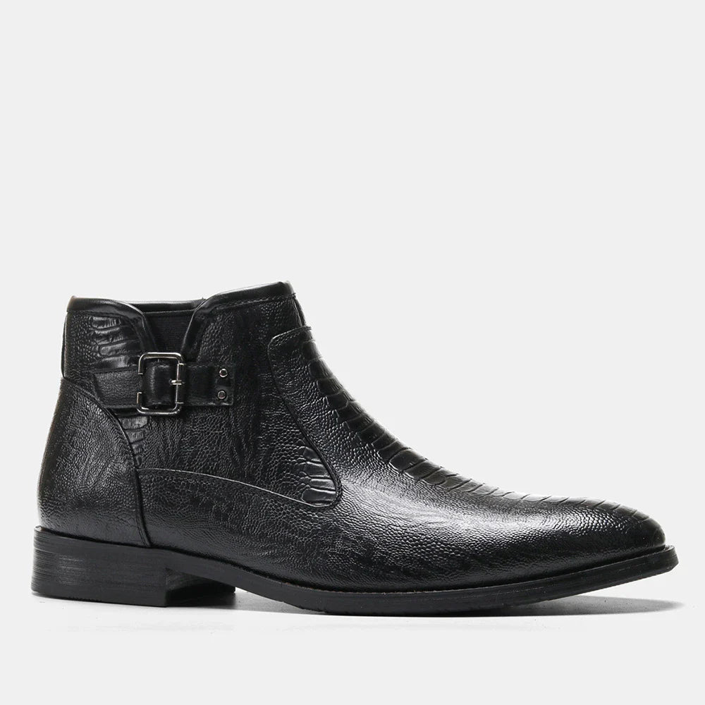Premium men's formal Chelsea boots in brown, featuring a round toe, low wedge heel, and side zipper closure for a polished, office-ready look