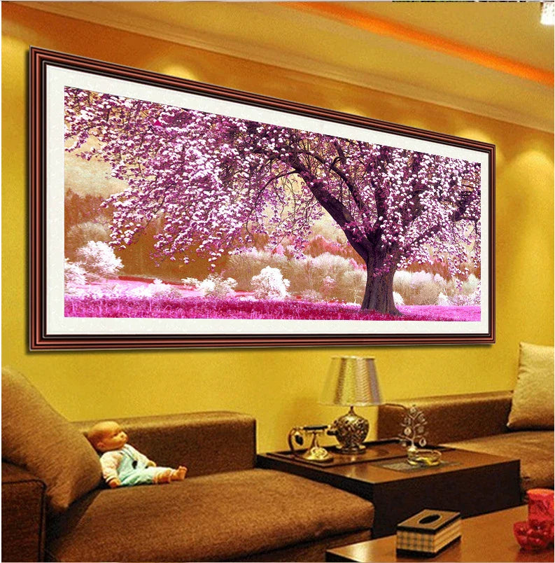 Exquisite forest landscape painting with blooming flowers and rich, verdant trees
