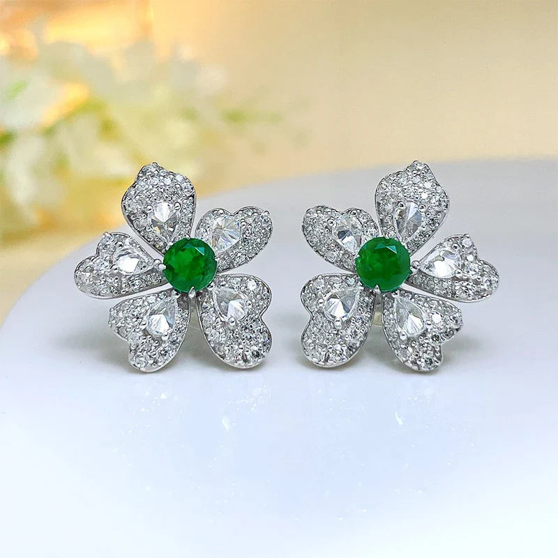 Elegant 925 silver-plated emerald flower earrings with sparkling stones