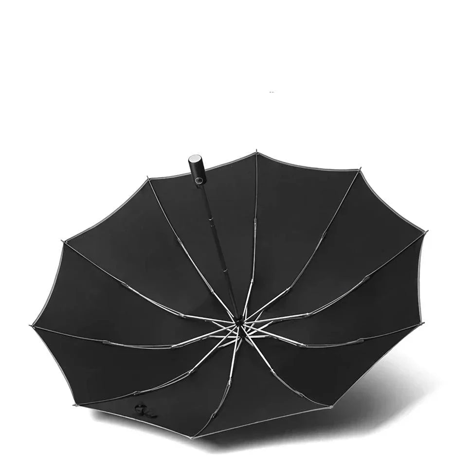 Premium auto-open reverse folding umbrella with reflective safety strip for all-weather protection