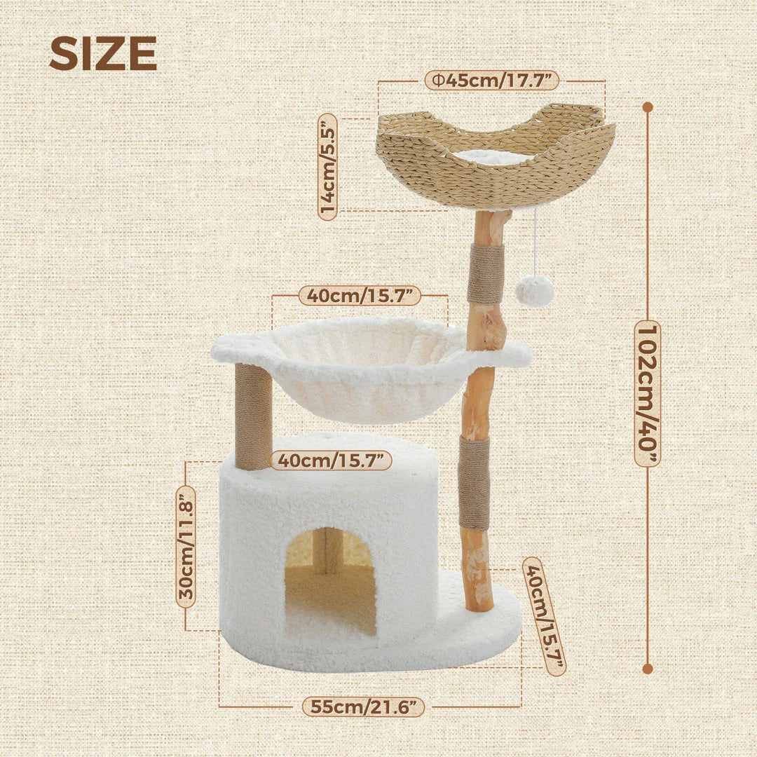 Luxurious modern cat tree with woven basket, hammock, and solid wood scratching post for large indoor cats
