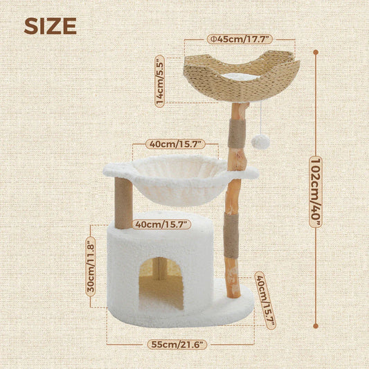 Luxurious modern cat tree with woven basket, hammock, and solid wood scratching post for large indoor cats