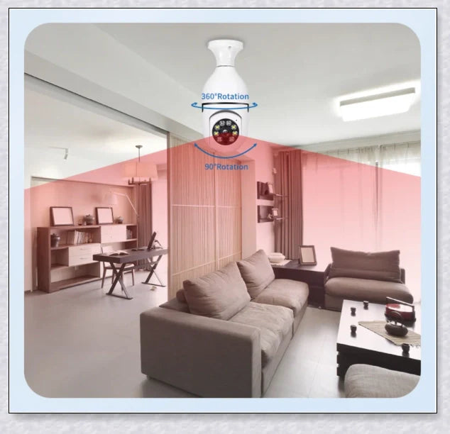 Discreet 1080p 360-degree panoramic WiFi security camera hidden in a light bulb design for comprehensive home surveillance