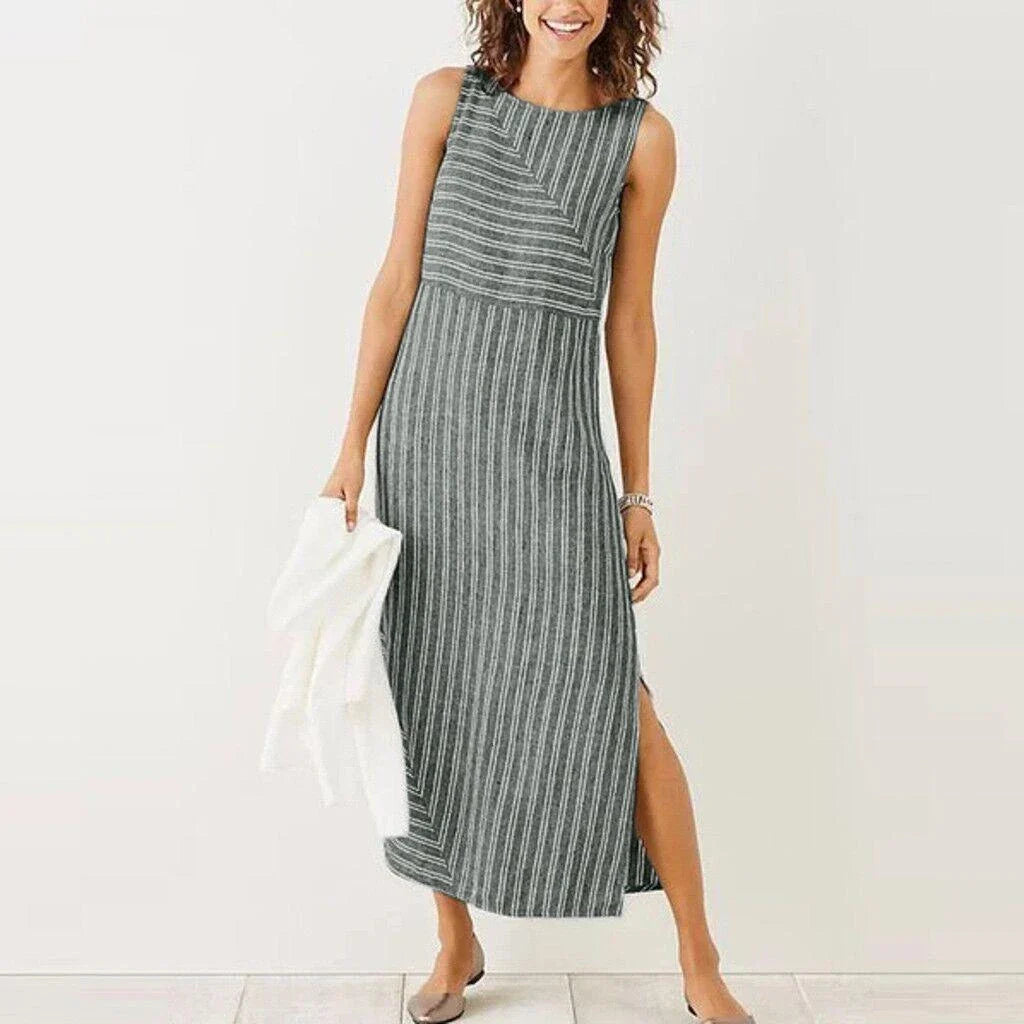 Sleeveless maxi dress with geometric stitching pattern, made of premium cotton and linen blend