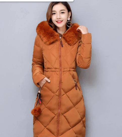 A premium padded down coat for women with a detachable hood, designed to provide warmth and style during the winter.