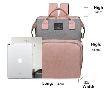 Multifunctional maternity diaper backpack with removable mosquito net, foldable crib, and water-resistant design for convenient family travel