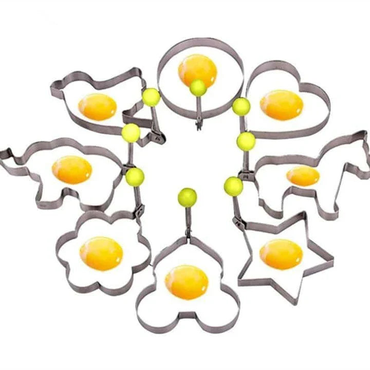 Premium stainless steel fried egg mould in various shapes including circle, flower, heart, and star
