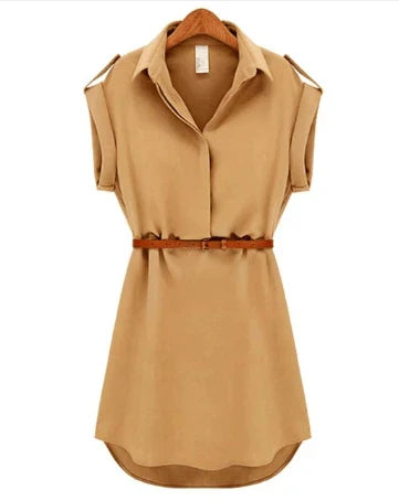 Women's V-Neck Chiffon Mini Dress in Khaki and Navy Blue with Short Sleeves and Cinched Waist