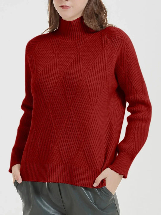 A cosy and stylish knitted turtleneck sweater in a classic beige colour, perfect for layering during the autumn and winter seasons.