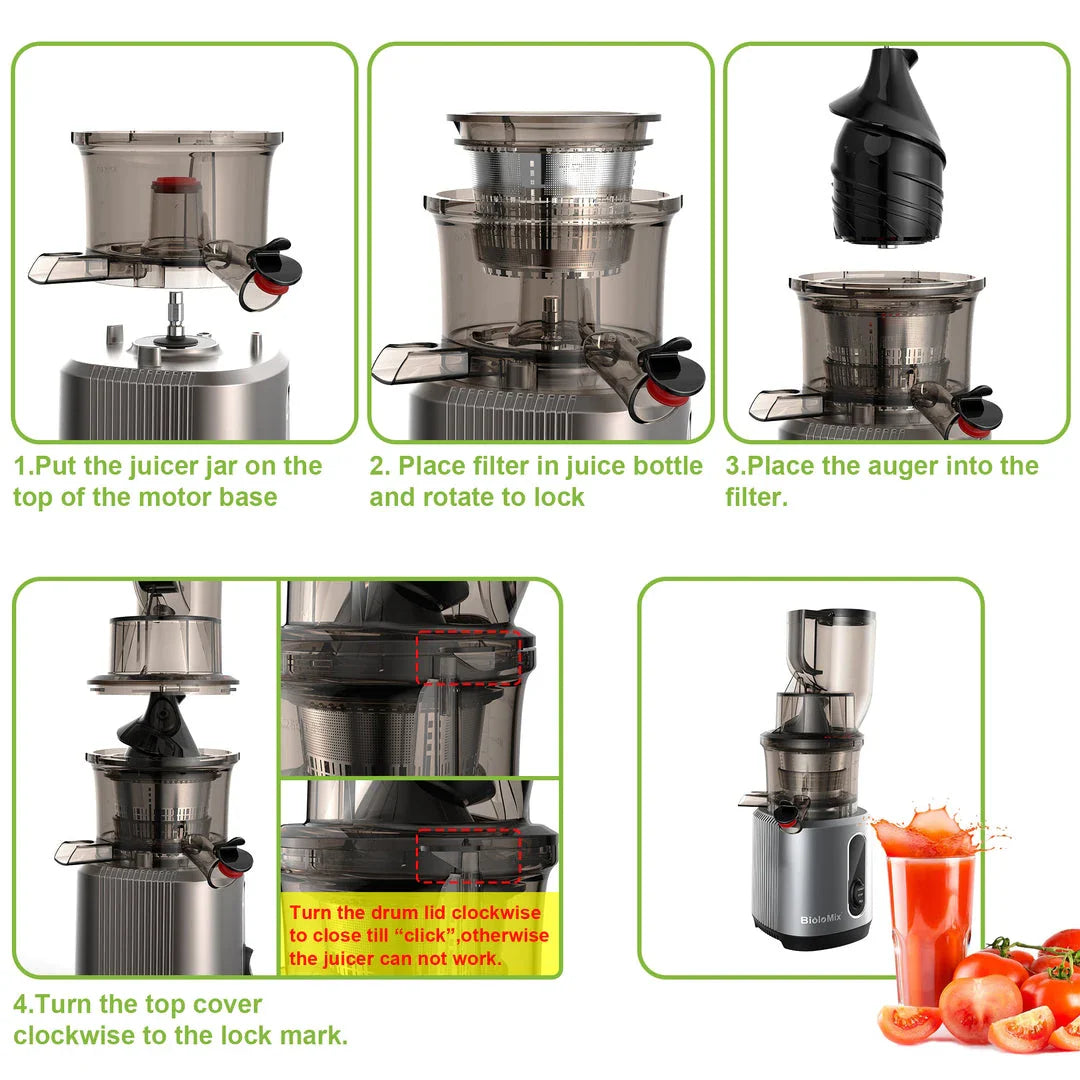 Premium cold press juicer with 200W motor, slow masticating process, and 3-inch wide feed chute for whole produce juicing