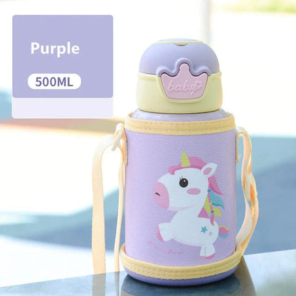 Cute purple unicorn-themed thermos bottle with a large 500ml capacity and stainless steel construction, designed to keep drinks warm or cold for extended periods.
