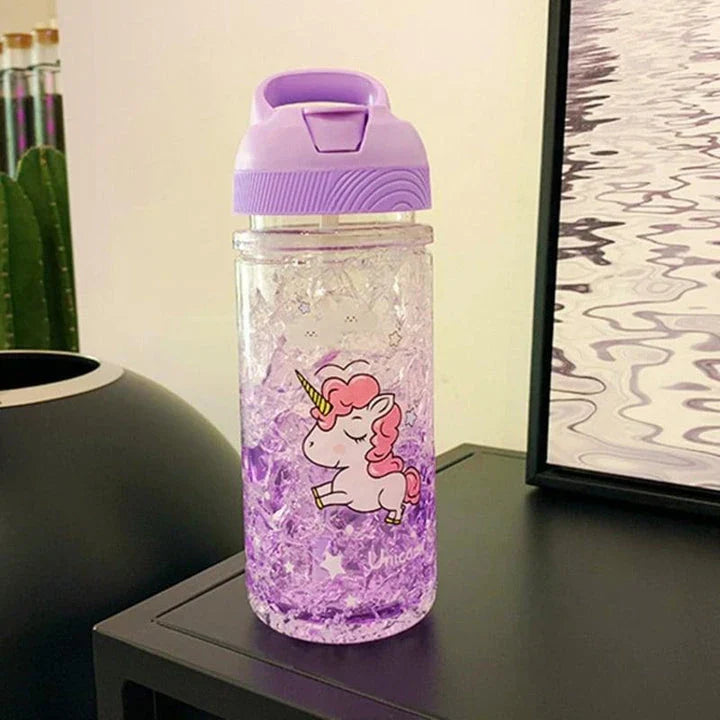 A blue water bottle with a unicorn print design and two straws, perfect for staying hydrated in a magical way.