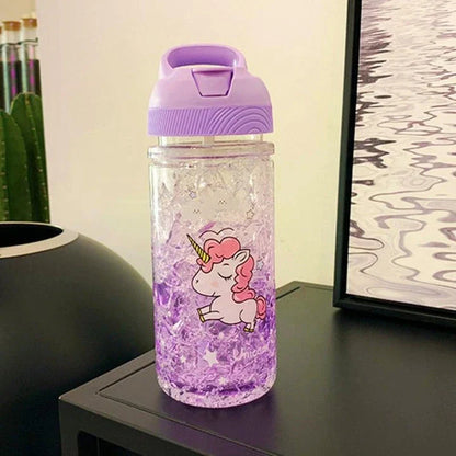 A blue water bottle with a unicorn print design and two straws, perfect for staying hydrated in a magical way.