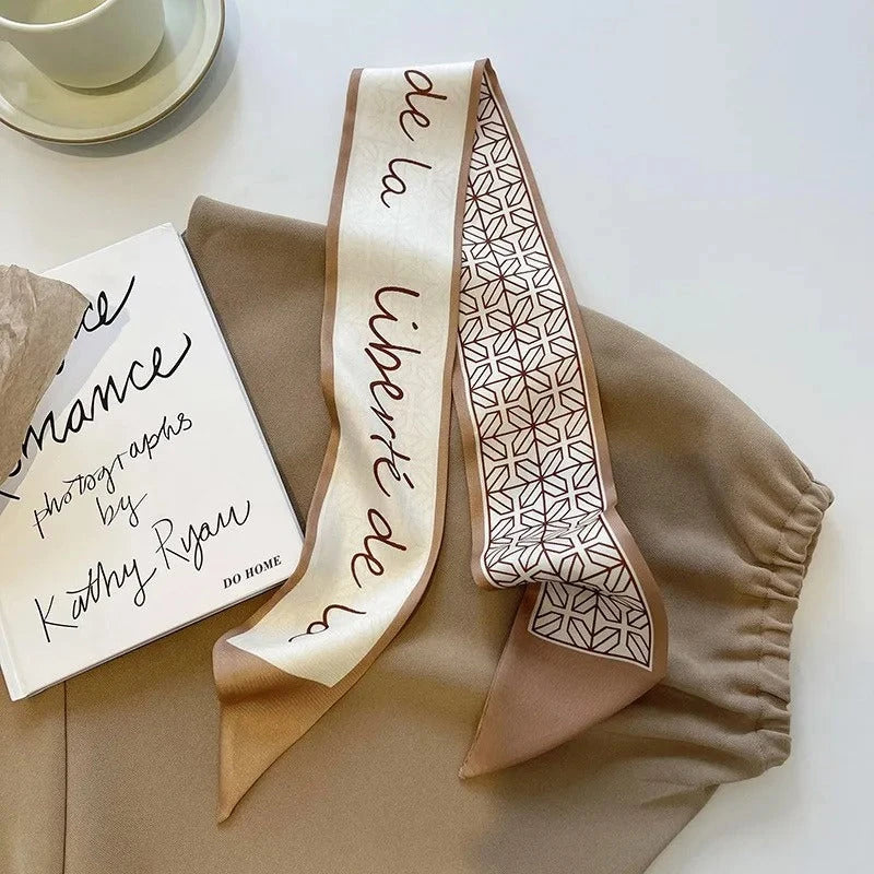 Elegant khaki and nude silk scarf hair band with vintage-inspired design