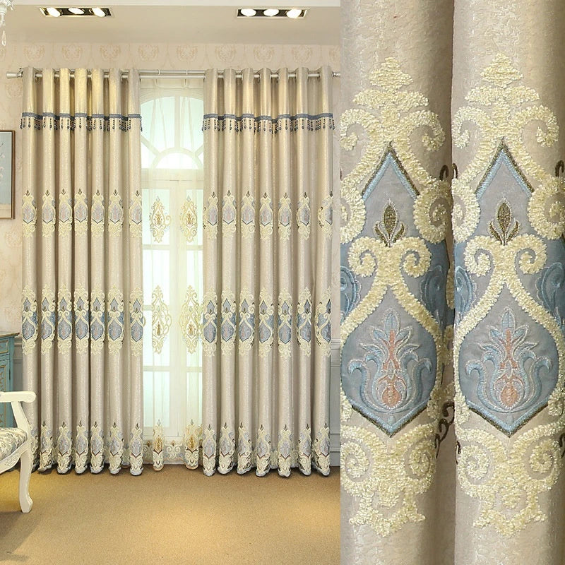 Elegant European-style embroidered mesh curtains in beige and grey colours, providing excellent sun shading and premium quality for living rooms and bedrooms.