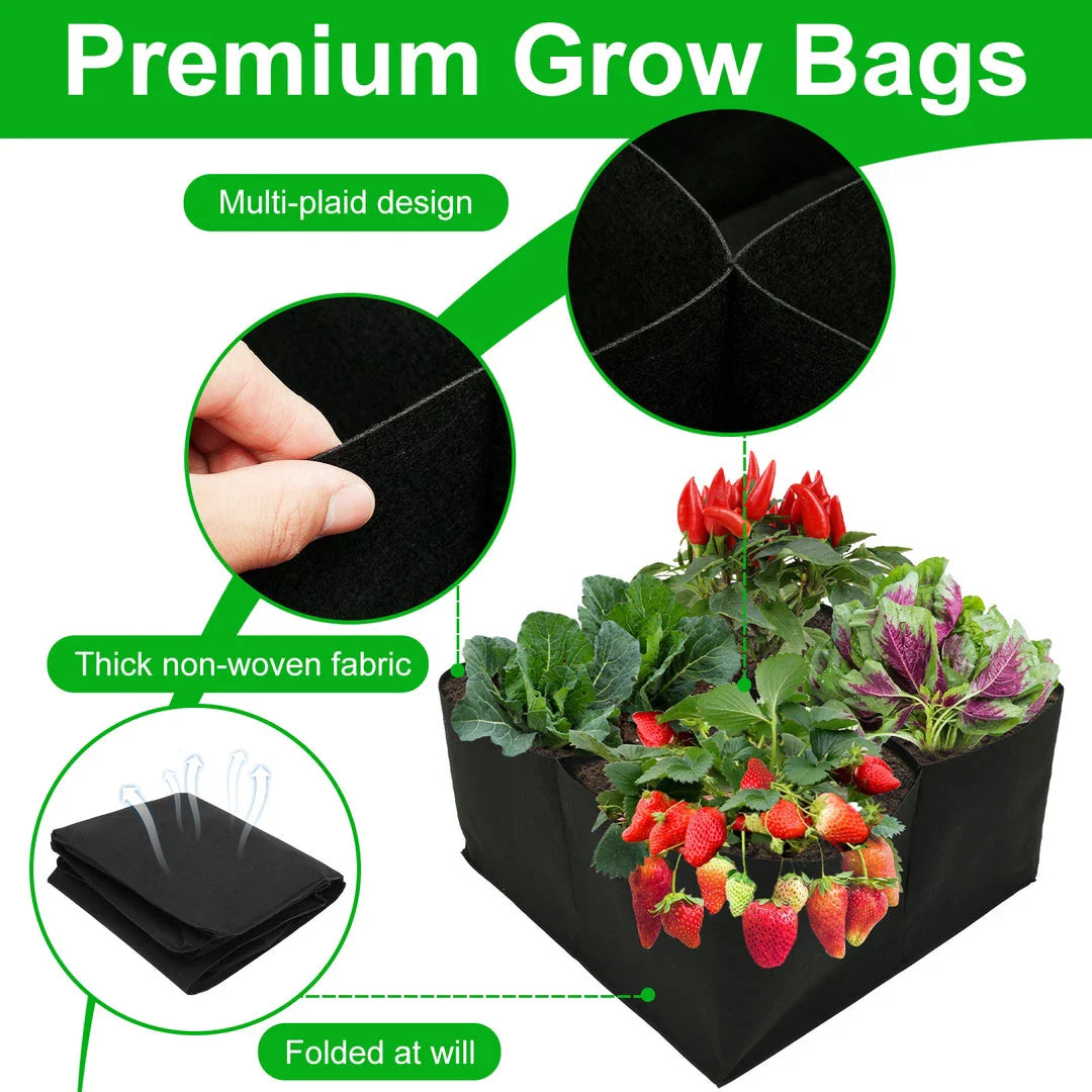 Modular felt raised garden beds with adjustable grid system for growing a variety of plants in small spaces