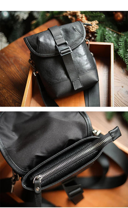 Premium cowhide leather shoulder sling bag with one-shoulder design and oblique paneling for modern British style