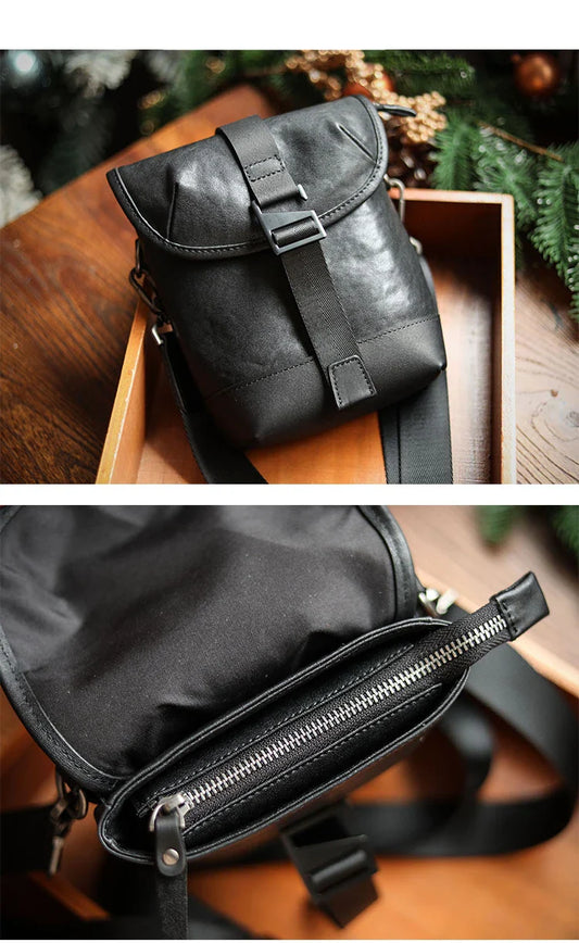 Premium cowhide leather shoulder sling bag with one-shoulder design and oblique paneling for modern British style