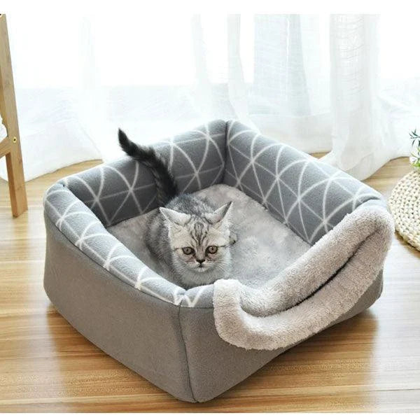 Cosy collapsible cat house and bed made with soft fleece material for comfortable lounging and relaxation for indoor cats