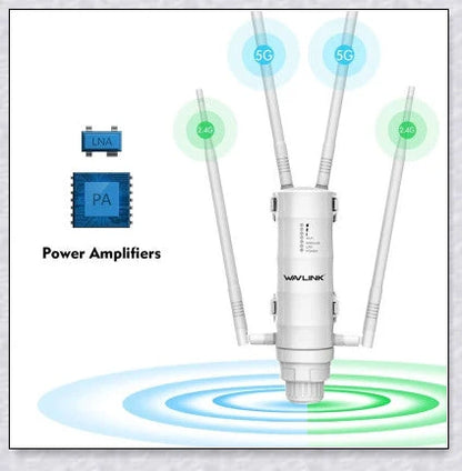 Rugged outdoor Wi-Fi extender with weatherproof housing and omnidirectional antennas for reliable wireless connectivity