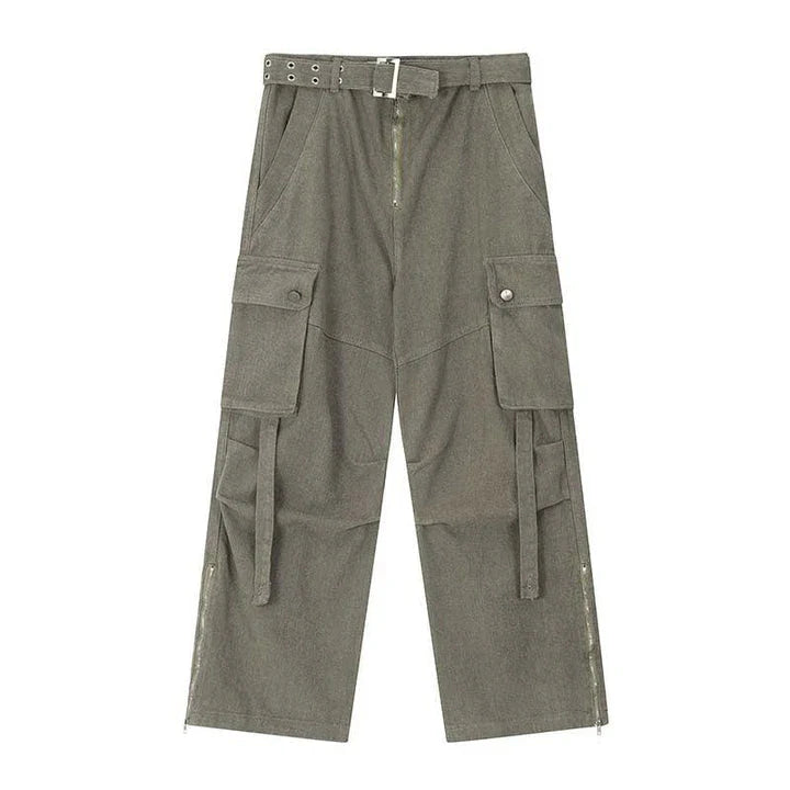 Premium purple streetwear cargo jeans with multiple pockets, wide-leg silhouette, and zippered placket for adjustable fit