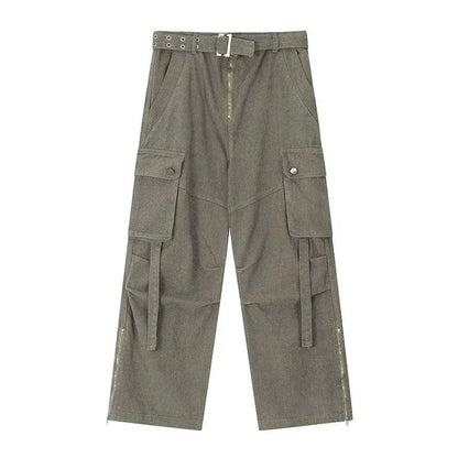 Premium purple streetwear cargo jeans with multiple pockets, wide-leg silhouette, and zippered placket for adjustable fit