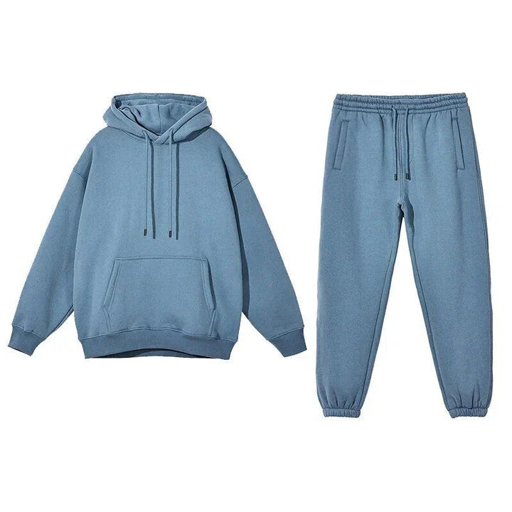 Cosy fleece hoodie and jogger set in light pink, grey, and navy blue colours for ultimate comfort and style