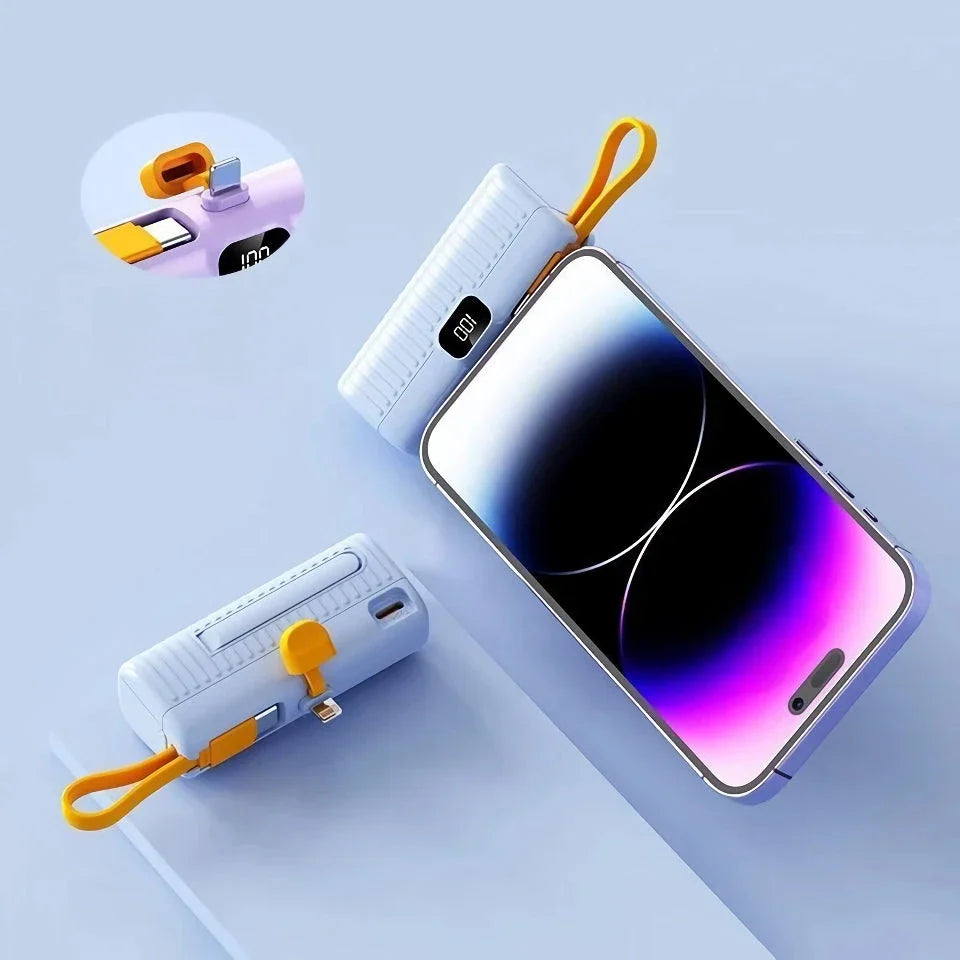 Compact, high-capacity power bank with dual charging ports and built-in cables for convenient, fast charging on the go